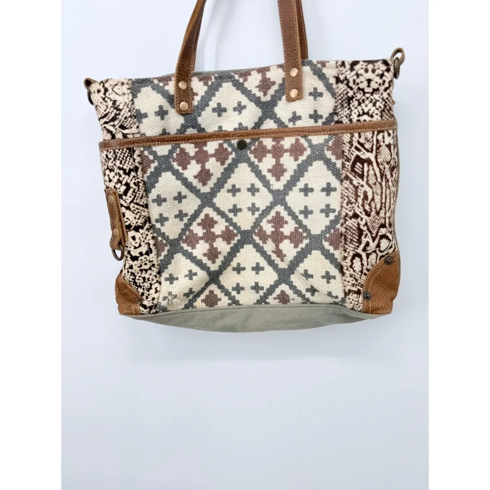 Myrha Large Tote‎ Festival Boho Y2K Upcycled Canvas Leather Brown White Summer